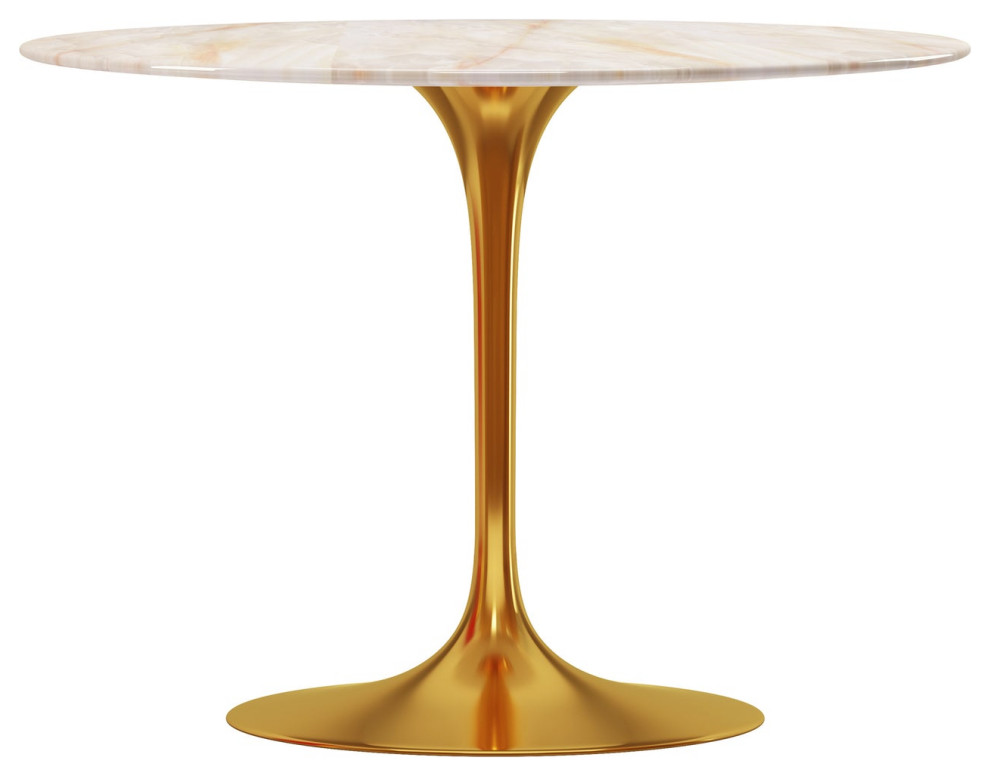 Rose 40" Round Onyx Marble Dining Table, Gold Base Modern Dining
