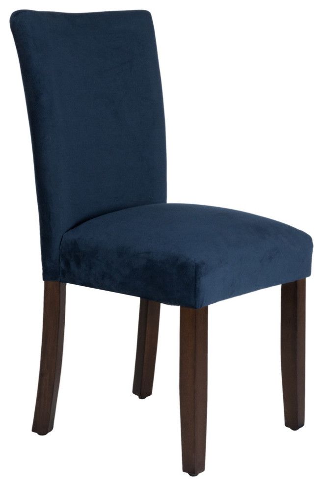 Velvet Parsons Dining Chair With Wooden Legs, Navy Blue & Brown, Set Of