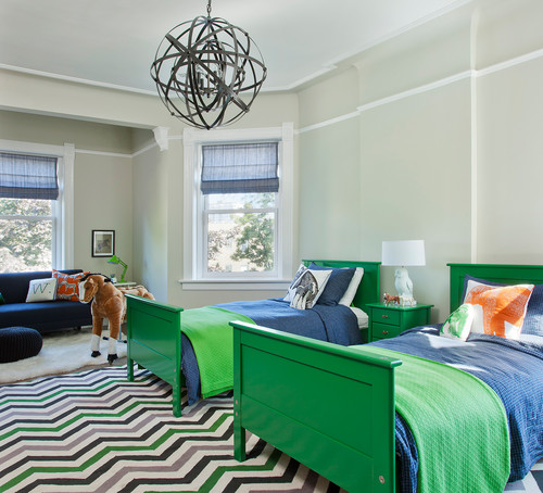 green and blue bedroom;  green beds