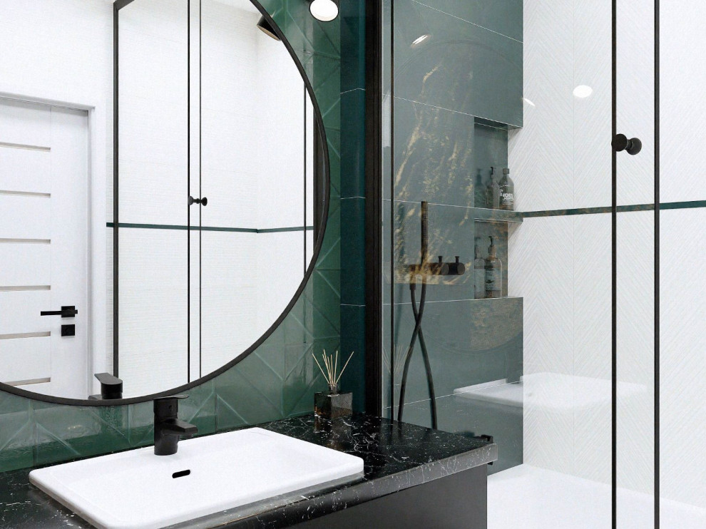 Nordisk inredning av ett mellanstort badrum med dusch, med luckor med glaspanel, svarta skåp, ett platsbyggt badkar, en dusch/badkar-kombination, en vägghängd toalettstol, gröna väggar, klinkergolv i keramik, ett nedsänkt handfat, vitt golv och dusch med skjutdörr