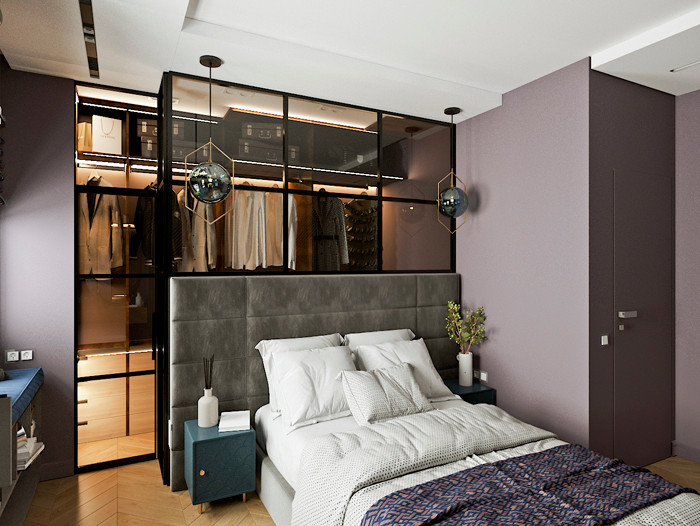 Свежая идея для дизайна: хозяйская спальня среднего размера в современном стиле с фиолетовыми стенами, полом из ламината и коричневым полом - отличное фото интерьера