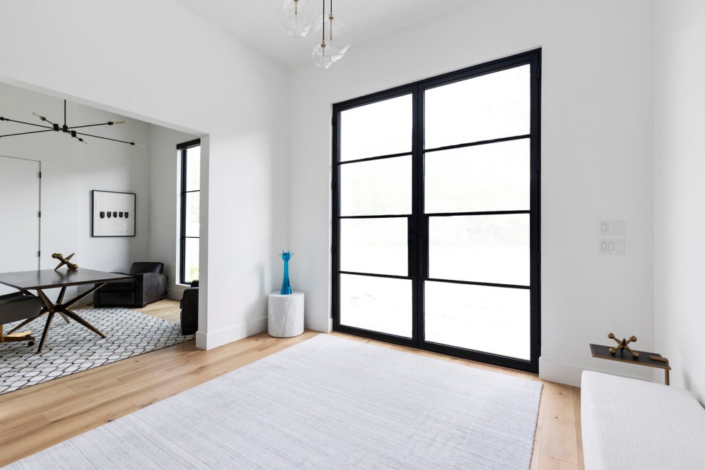 На фото: фойе среднего размера в стиле модернизм с белыми стенами, паркетным полом среднего тона, двустворчатой входной дверью, стеклянной входной дверью и коричневым полом с
