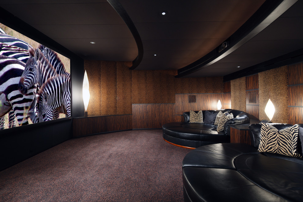 Inspiration for an enclosed home theatre in Milwaukee with carpet and multi-coloured floor.
