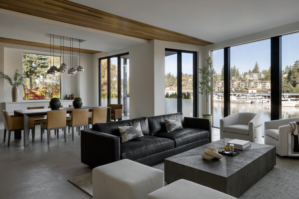 Example of a mid-sized minimalist formal and open concept porcelain tile, gray floor and wood ceiling living room design in Seattle with white walls and a wall-mounted tv