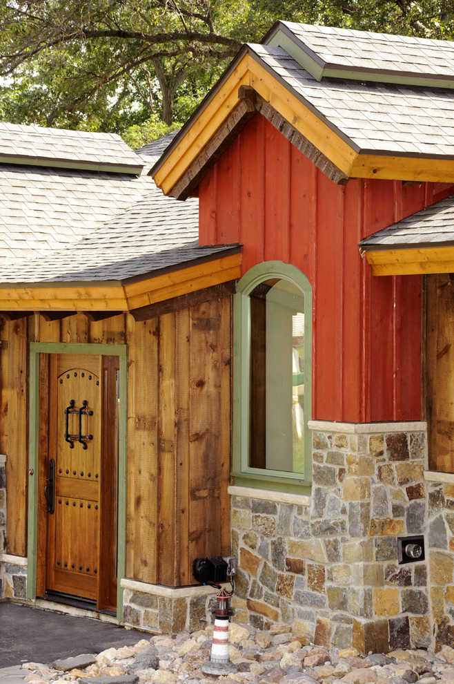 Front door - rustic front door idea with a brown front door