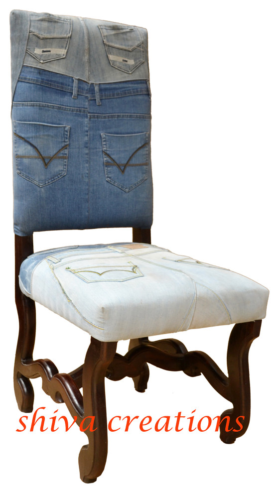 Wooden chair with old jeans fabric