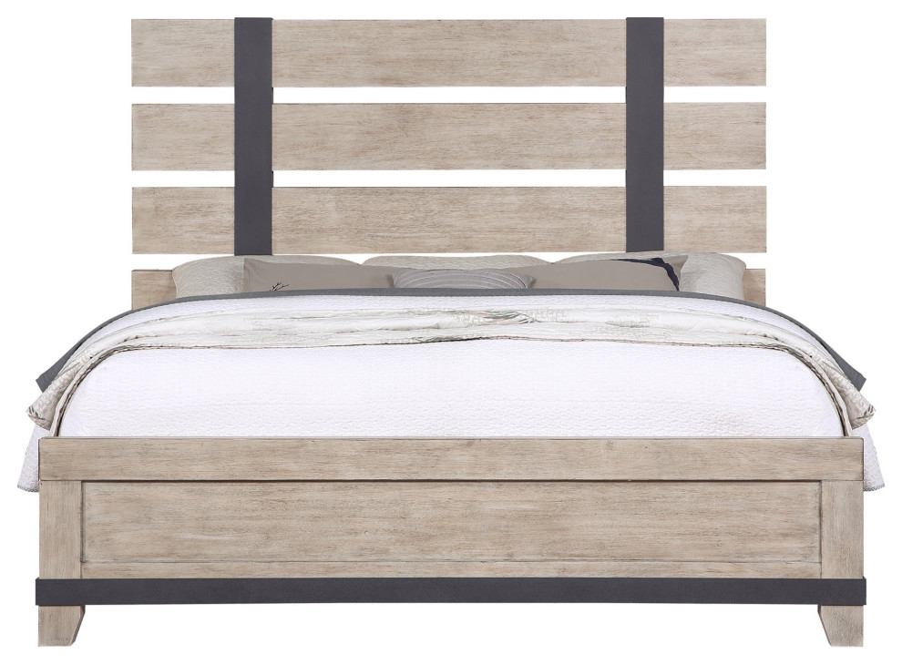 Slatted Panel King Bed, 2 Nightstand & Double Dresser With Mirror