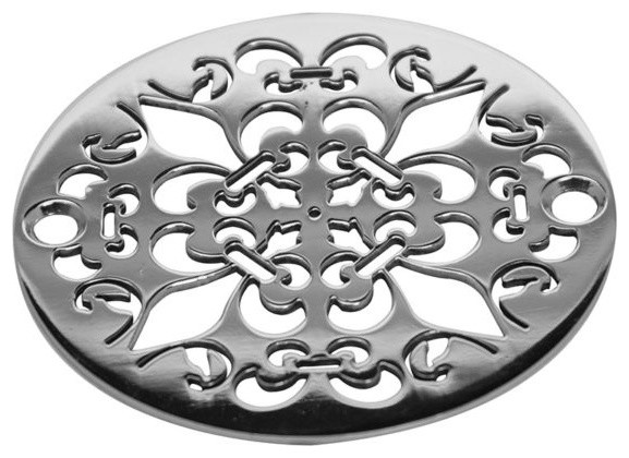 3.25" Round Shower Drain,  Classic Mon Fleur Design, Polished Stainless Steel