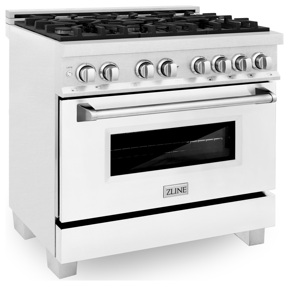 ZLINE 36" Range Gas Stove and Electric Oven, DuraSnow and White Matte Door