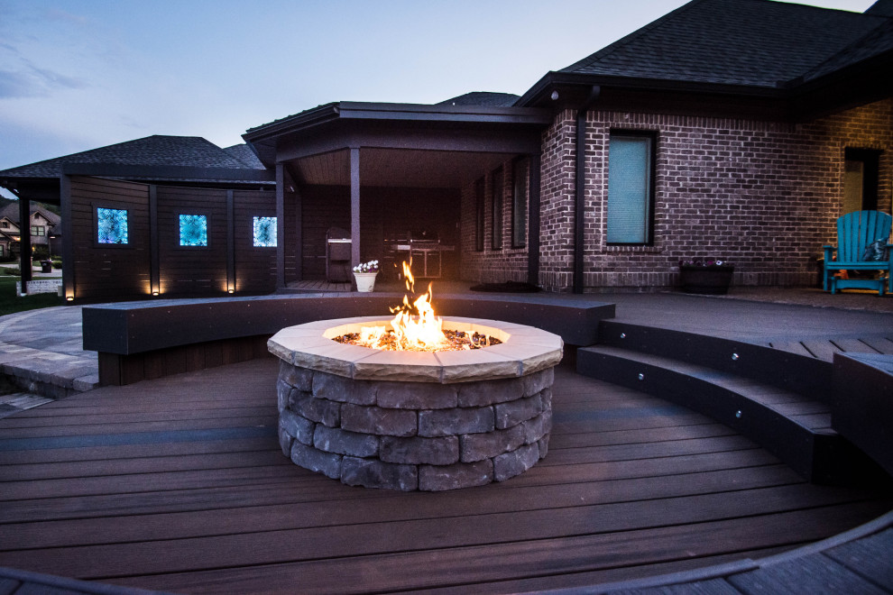 Deck - large transitional backyard deck idea with a fire pit and no cover