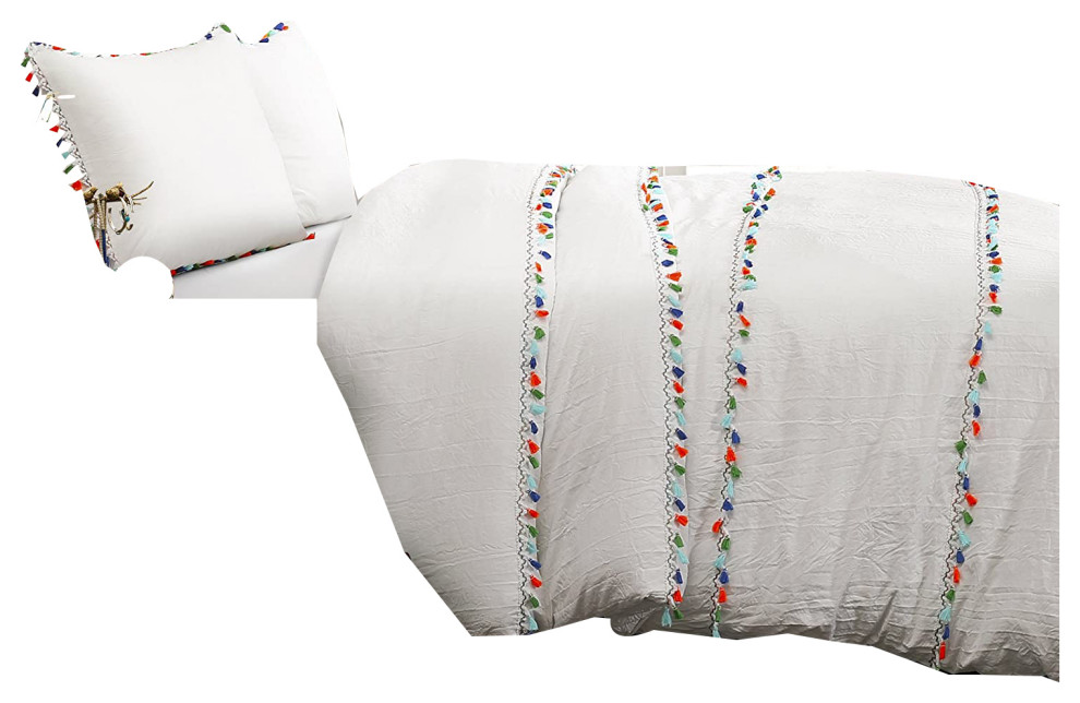 Boho Tassel Comforter White 3Piece Set Full/Queen Contemporary
