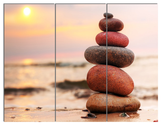 "Stones Pyramid on Sand Symbolizing Zen" Metal Wall Art - Beach Style