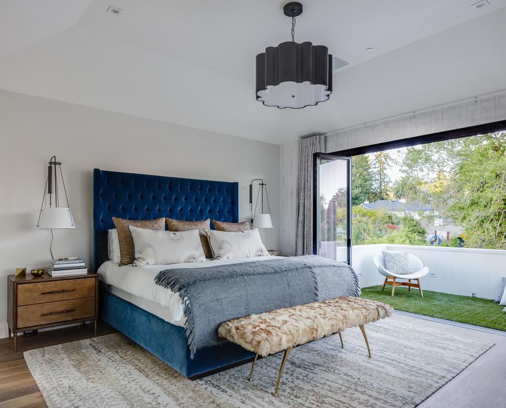 Transitional master bedroom in San Francisco with grey walls.