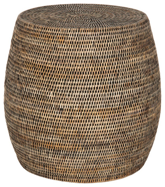 Laguna Round Rattan Stool/Side Table, Handwoven, White Wash Tropical Accent And Garden