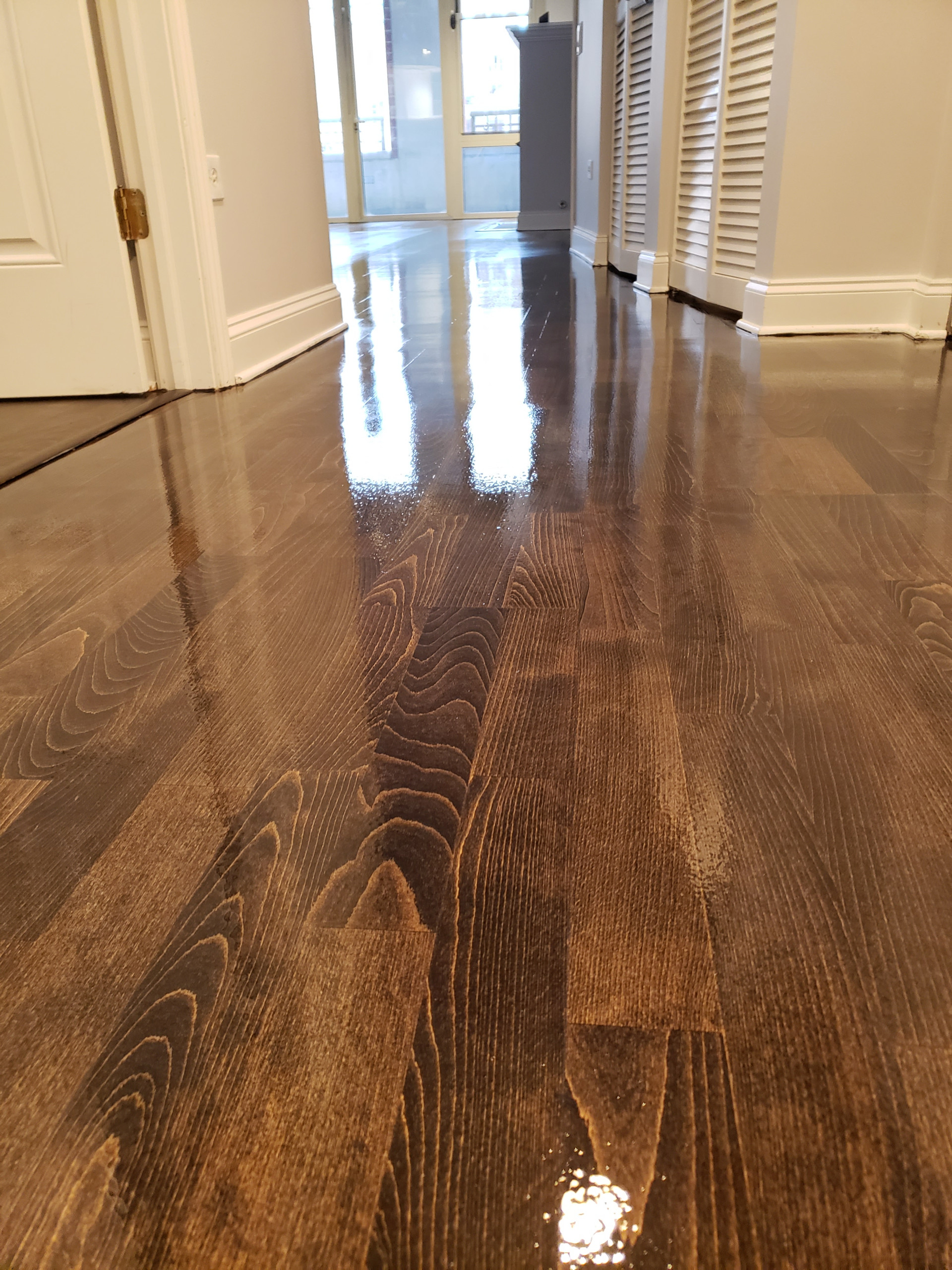 Chicago,  Kahrs Engineered flooring refinished,Dark Walnut stain ,Bona Traffic f