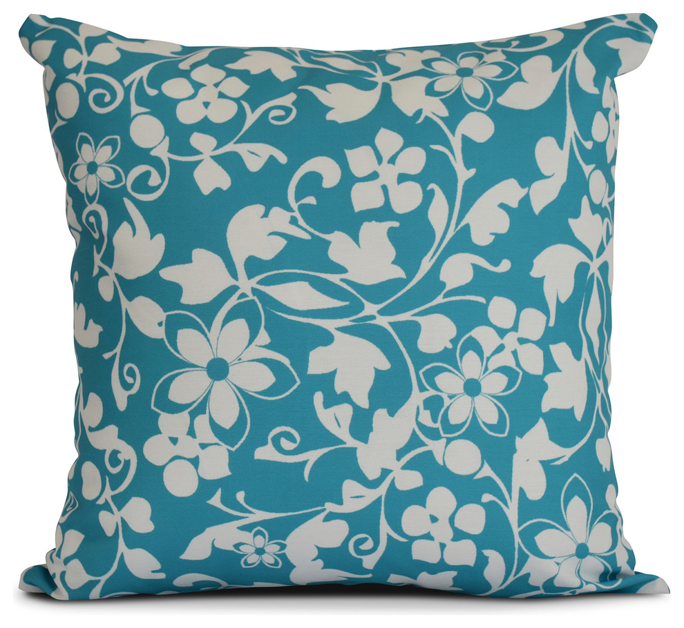 16x16", Floral Outdoor Pillow, Blue, 16"x16" Contemporary Outdoor
