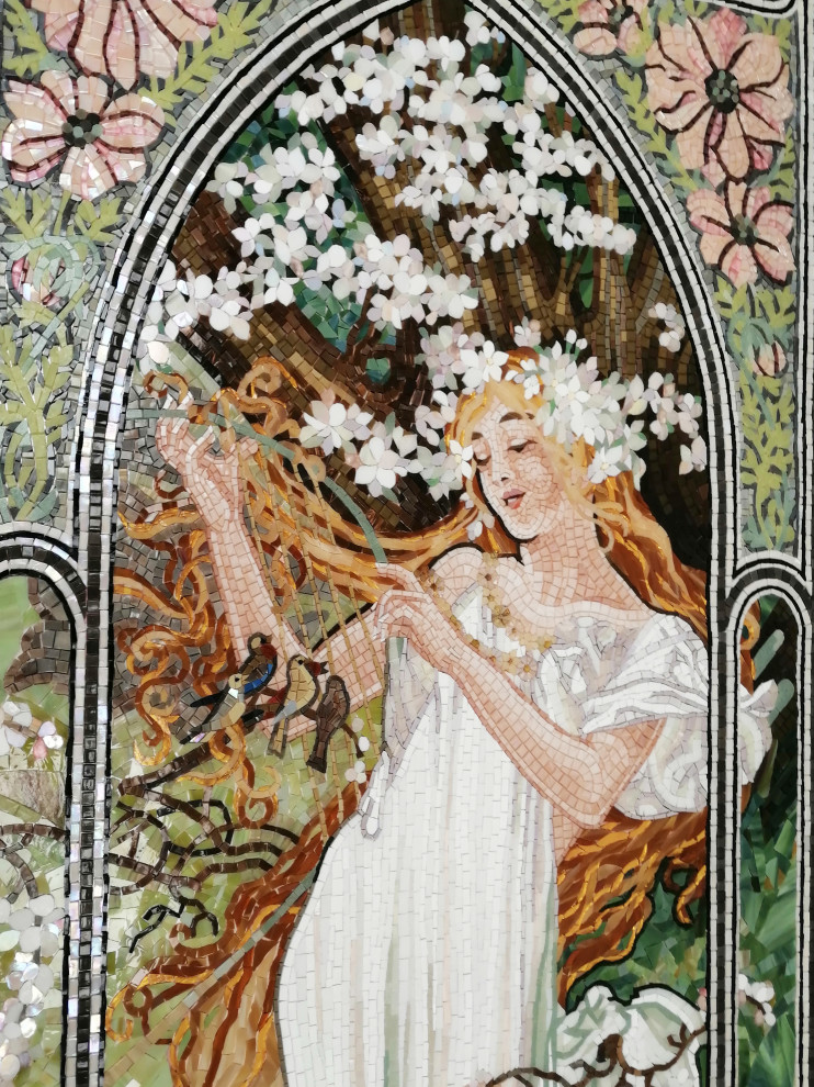 Artistic mosaic based on paintings by Alphonse Mucha "Seasons. Spring"