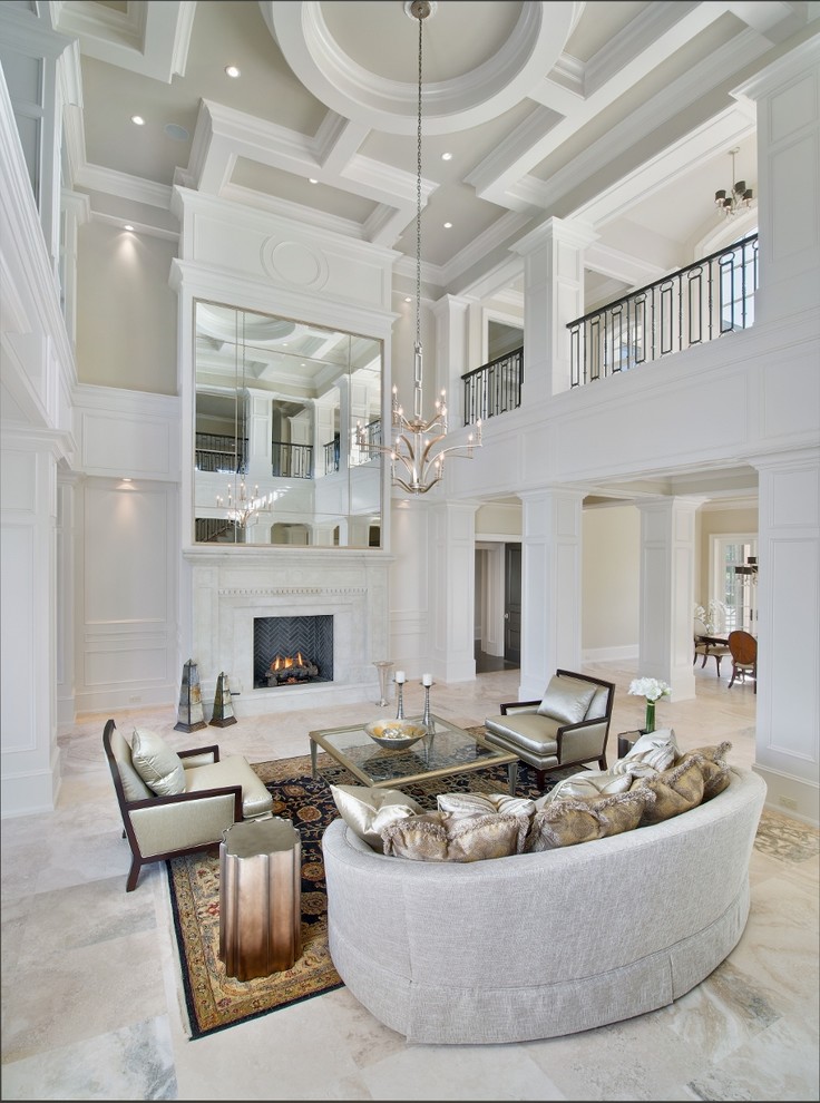 Design ideas for a large transitional formal open concept living room in Miami with white walls, a standard fireplace, a stone fireplace surround, marble floors and no tv.