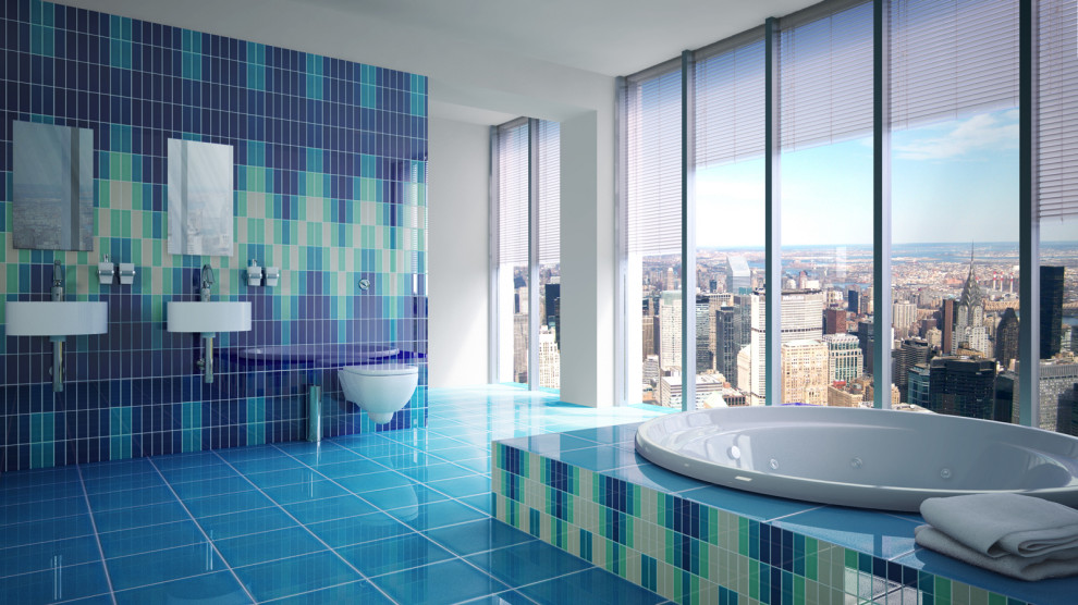 Modernes Badezimmer mit blauen Fliesen, Keramikfliesen, Keramikboden, blauem Boden, blauer Waschtischplatte und gefliestem Waschtisch