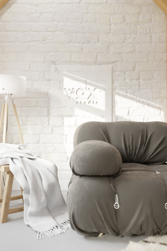 Esempio di un piccolo soggiorno scandinavo aperto con pareti bianche, pavimento in cemento, nessuna TV, pavimento grigio, soffitto in perlinato e pareti in mattoni