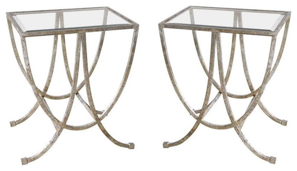Home Square Iron & Tempered Glass Side Table in Antiqued Silver Set