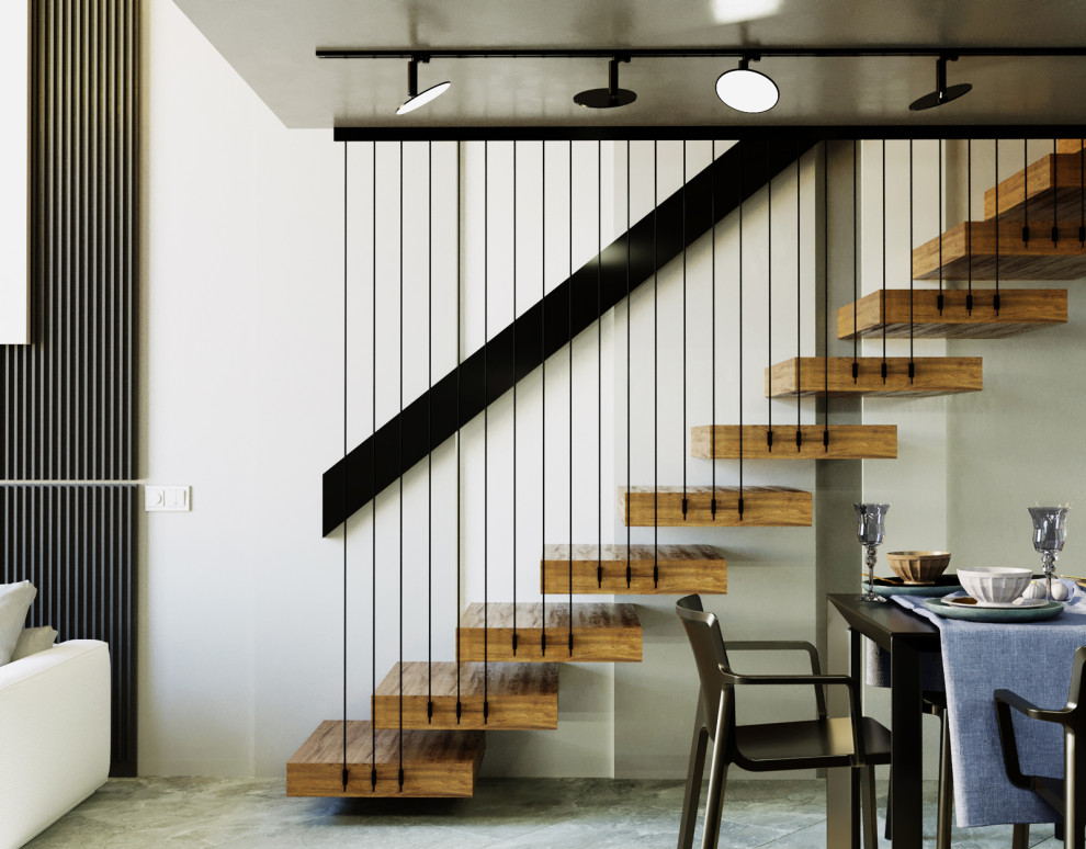 Schwebende, Mittelgroße Moderne Holztreppe mit offenen Setzstufen, Stahlgeländer und Wandpaneelen in Sonstige