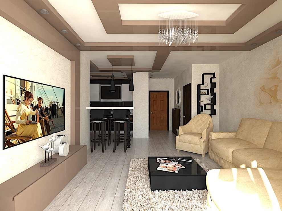 Объединение пространства коридора, кухни и гостиной