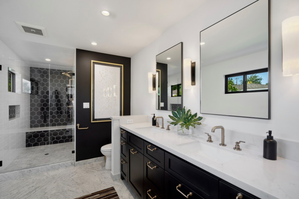 Design ideas for a large country master bathroom in San Francisco with shaker cabinets, black cabinets, black and white tile, white walls, marble floors, an undermount sink, engineered quartz benchtops, a hinged shower door, white benchtops, a shower seat, a double vanity and a built-in vanity.
