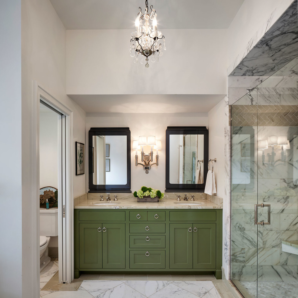 Inspiration for a traditional bathroom in Portland with an undermount sink, shaker cabinets, green cabinets, an alcove shower, a two-piece toilet and white tile.