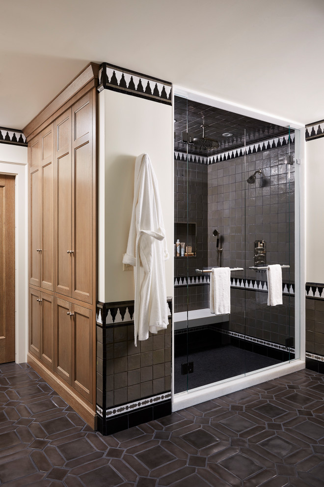 This is an example of a large arts and crafts master bathroom in Minneapolis with a freestanding tub, a double shower, black and white tile, granite benchtops, a hinged shower door, white benchtops, a double vanity and a built-in vanity.