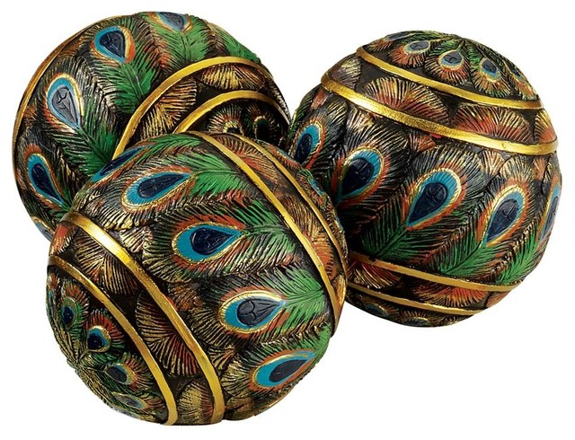 Peacock Feathered Orbs Decorative Accent Balls Set Of 3