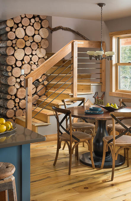 Great room - small rustic light wood floor and brown floor great room idea with white walls