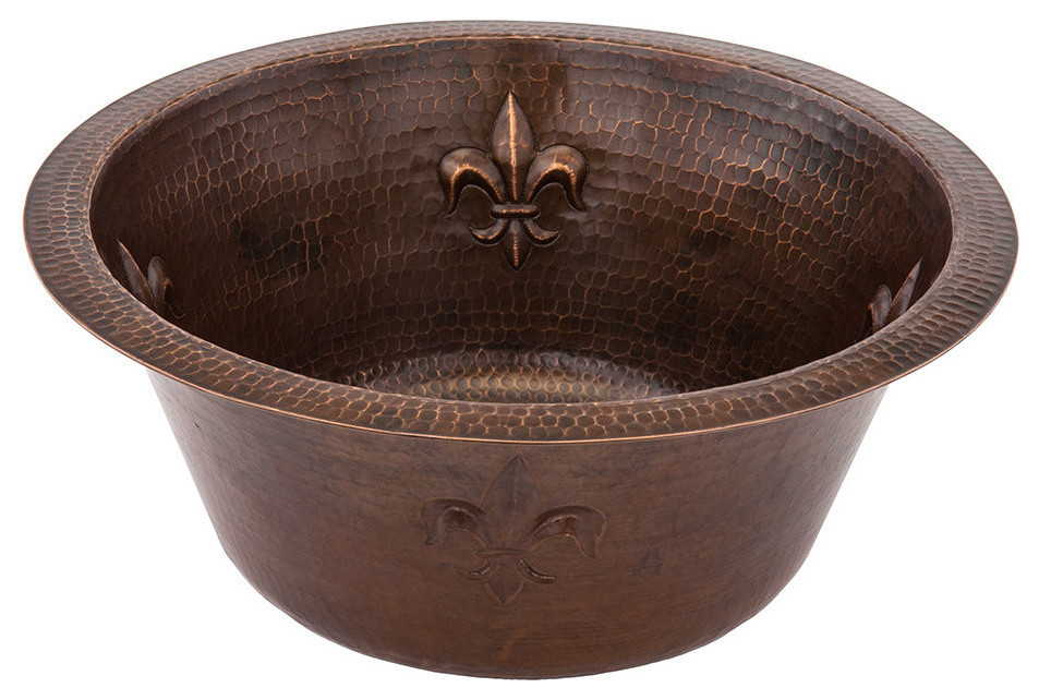 16" Round Copper Bar Sink With Fleur De Lis and 2" Drain Opening