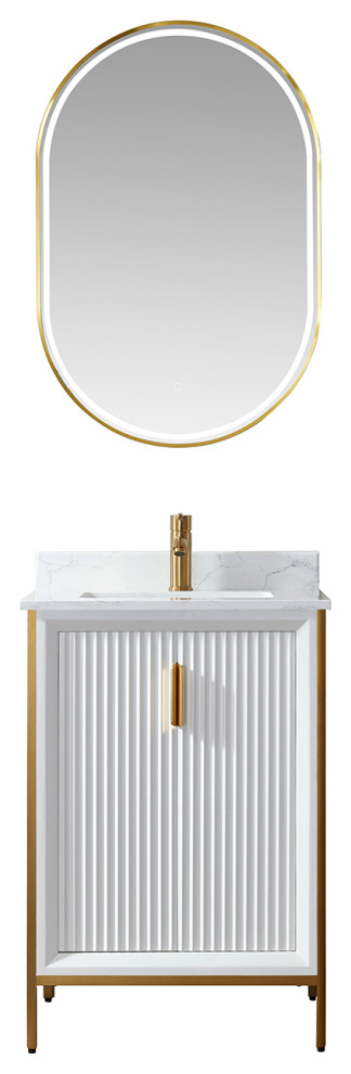 Granada Vanity With White Composite Stone Top, White, 24", With Mirror