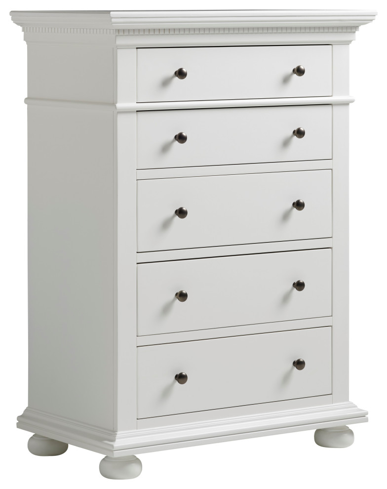 Five Drawer Wood Tall Bedroom Chest in White - Traditional - Dressers ...