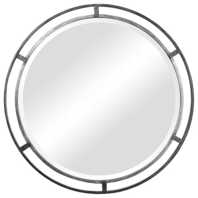 30" 3 Dimensional Round Metal Frame Wall Mirror, Silver Industrial