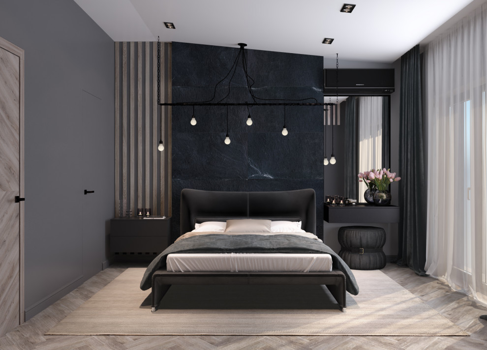 Mittelgroßes Modernes Hauptschlafzimmer mit grauer Wandfarbe, Vinylboden, braunem Boden und Wandpaneelen in Sonstige