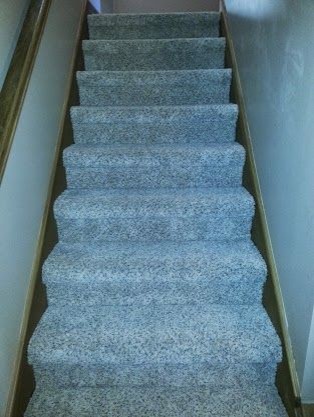 Inspiration for a small transitional carpeted straight staircase remodel with carpeted risers