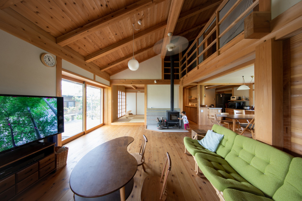 Inspiration for a mid-sized asian open concept living room in Other with a wood stove.