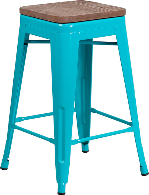 24" High Backless Crystal Teal-Blue Counter Height Stool With Square Wood Seat