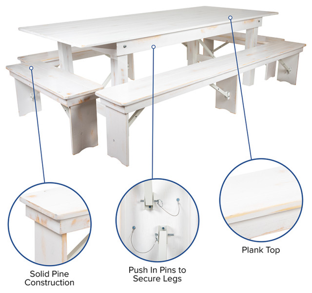 HERCULES Series 9' x 40'' Folding Farm Table Set with 8 Cross Back Chairs and Cushions