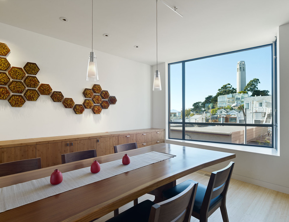 Modern dining room in San Francisco with white walls and light hardwood floors.