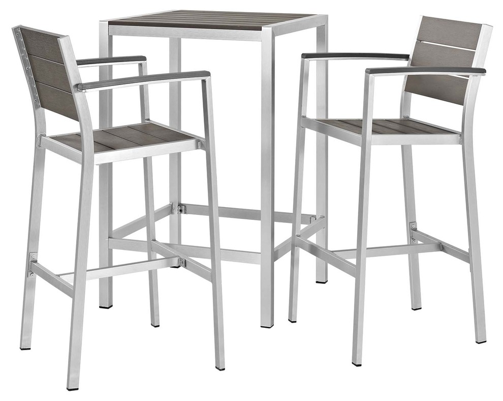 Modern Outdoor Bar Stool and Table Set, Aluminum Metal Steel, Gray