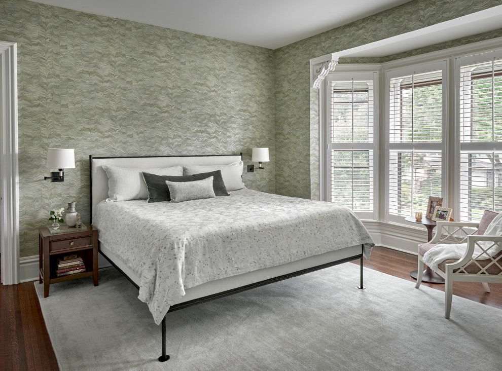 Inspiration for a large transitional master dark wood floor, brown floor and wallpaper bedroom remodel in Chicago