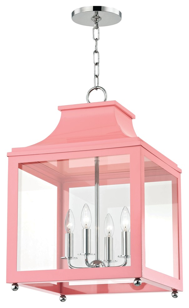 Leigh 4-Light Large Pendant, Polished Nickel & Pink Finish, Clear Glass Panel