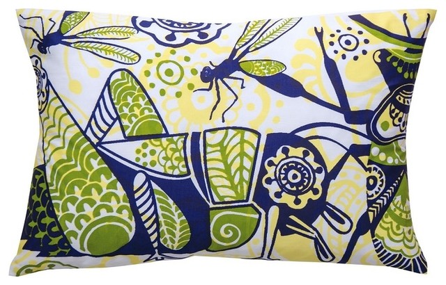 Koko Company Wild Grass Hopper Print Cotton 13 by 20 inches Pillow, Lime, Blue,
