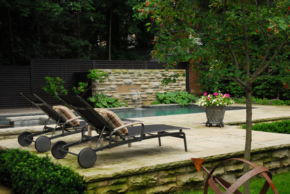 Design ideas for a mid-sized traditional backyard shaded garden for summer in Toronto with natural stone pavers and a water feature.