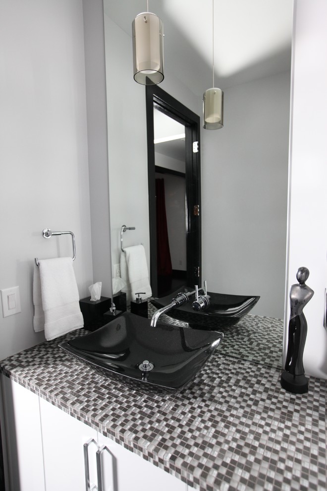 Inspiration for a contemporary powder room in Denver with a vessel sink, flat-panel cabinets, white cabinets, multi-coloured tile, mosaic tile, grey walls, tile benchtops and multi-coloured benchtops.