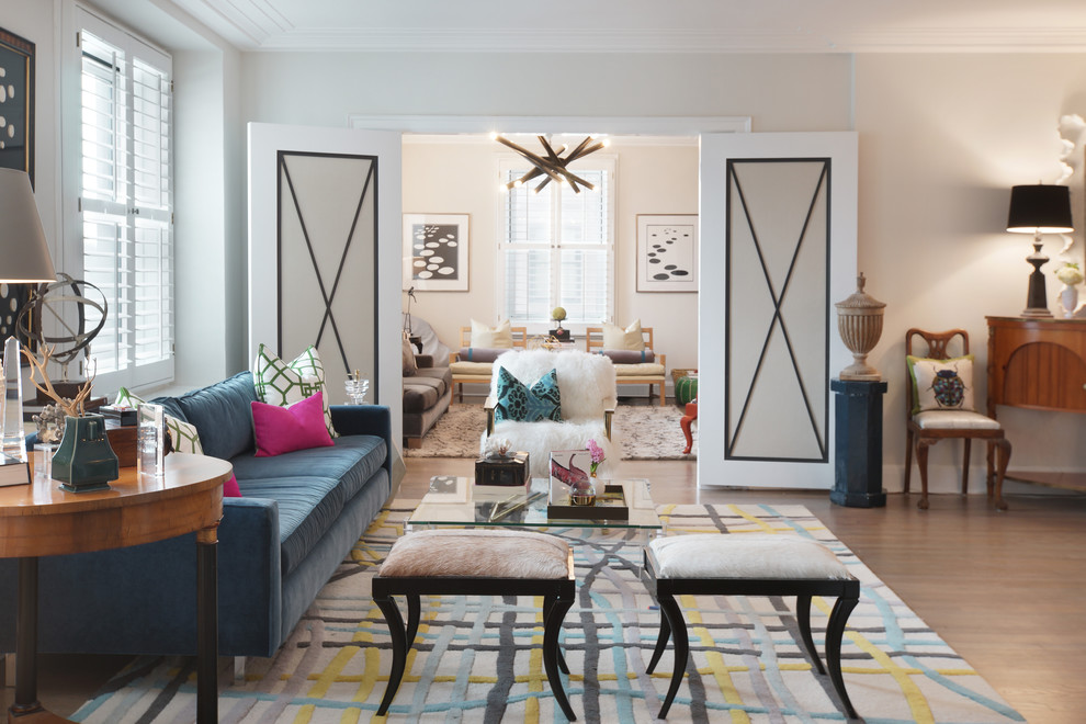 Living room - transitional dark wood floor living room idea in Chicago with gray walls
