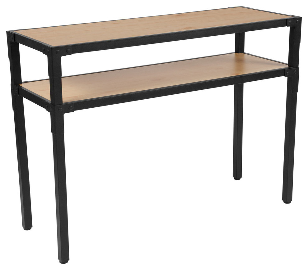 Holmby Collection Knotted Pine Wood Grain Finish Console Table, Black Metal Legs Industrial